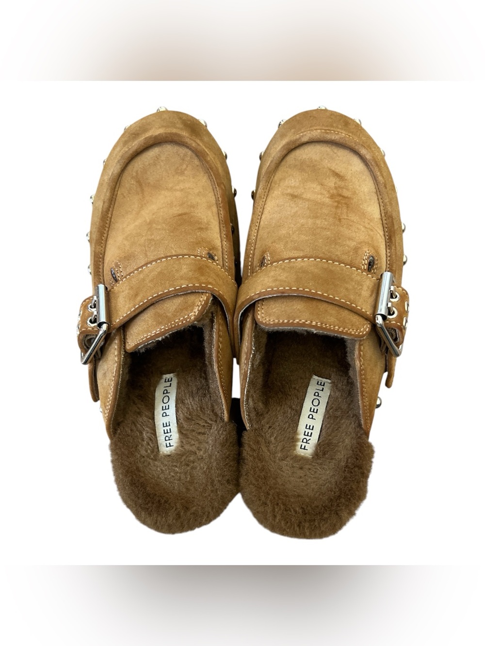 Free People Suede Shearling Studded Clogs Mules Buckle Size 6 - Picture 6 of 9